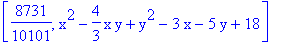 [8731/10101, x^2-4/3*x*y+y^2-3*x-5*y+18]